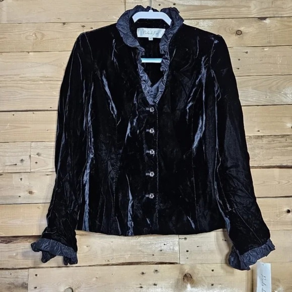 Velvet Jacket Size 12 Perla de Pari Black Romantic Goth Vintage Ruffles